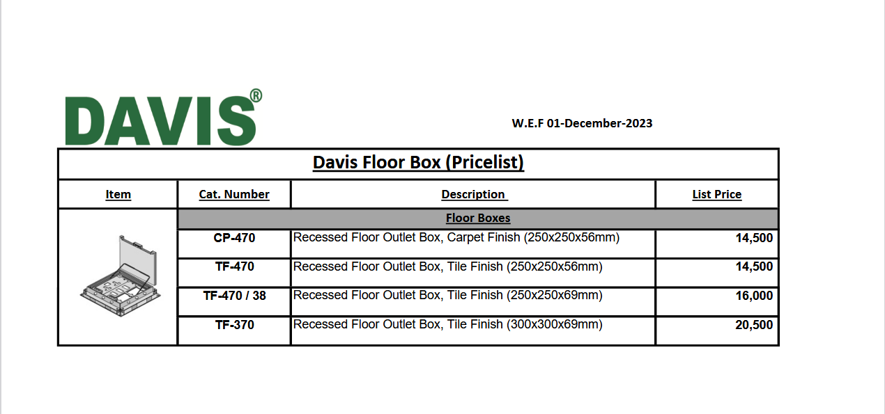 Davis Floor Boxes Price Catalogue
